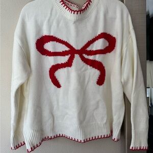Women's White Sweater with Red Bow Design